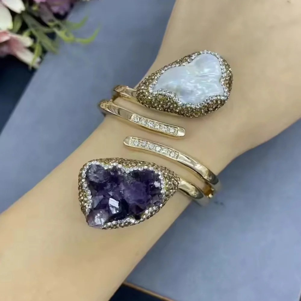 Natural Stone Amethyst & Baroque Pearl Gold Cuff Bracelet - Picture 4 of 17